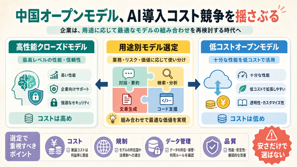 中国オープンモデル、AI導入コスト競争を揺さぶるの図解