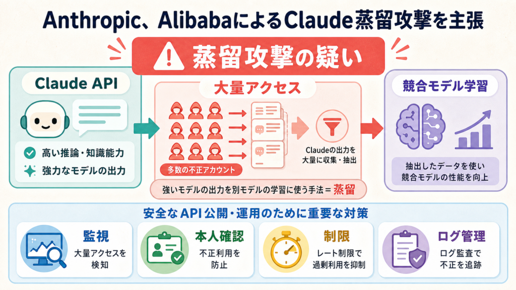 Anthropic、AlibabaによるClaude蒸留攻撃を主張の図解