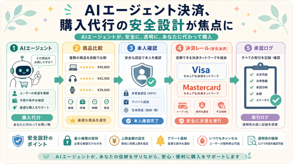 AIエージェント決済、購入代行の安全設計が焦点にの図解
