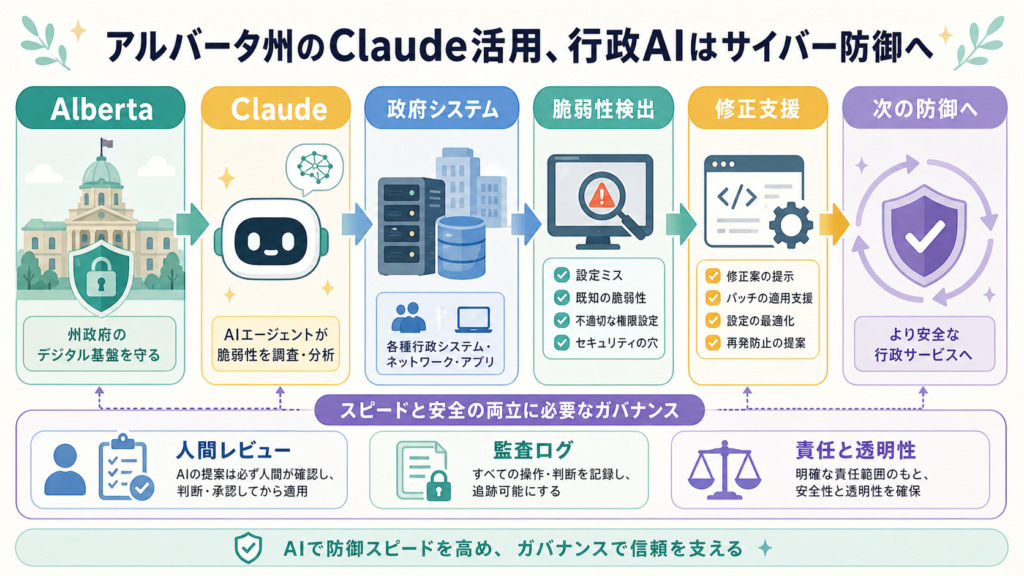 アルバータ州のClaude活用、行政AIはサイバー防御への図解