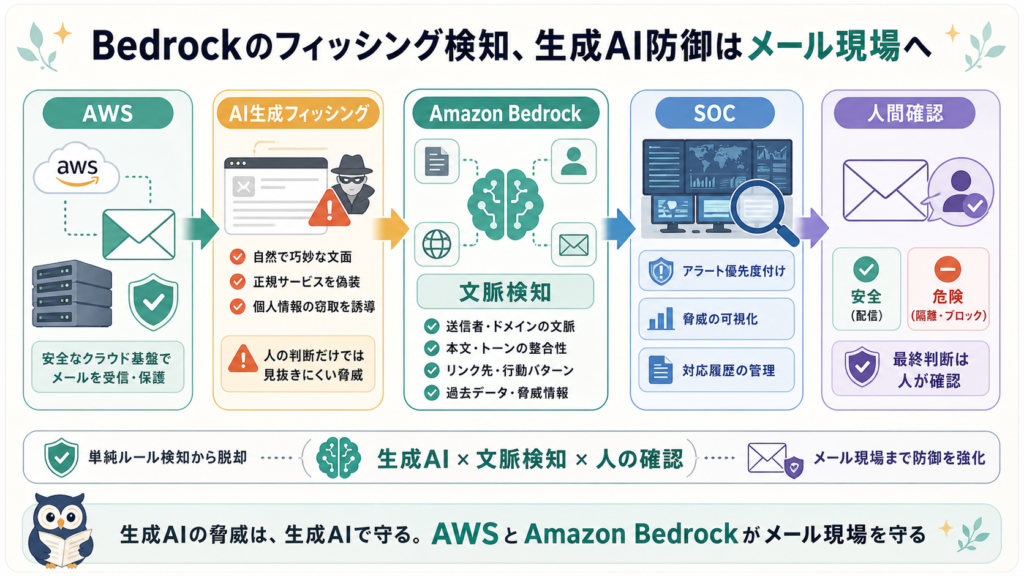 Bedrockのフィッシング検知、生成AI防御はメール現場への図解