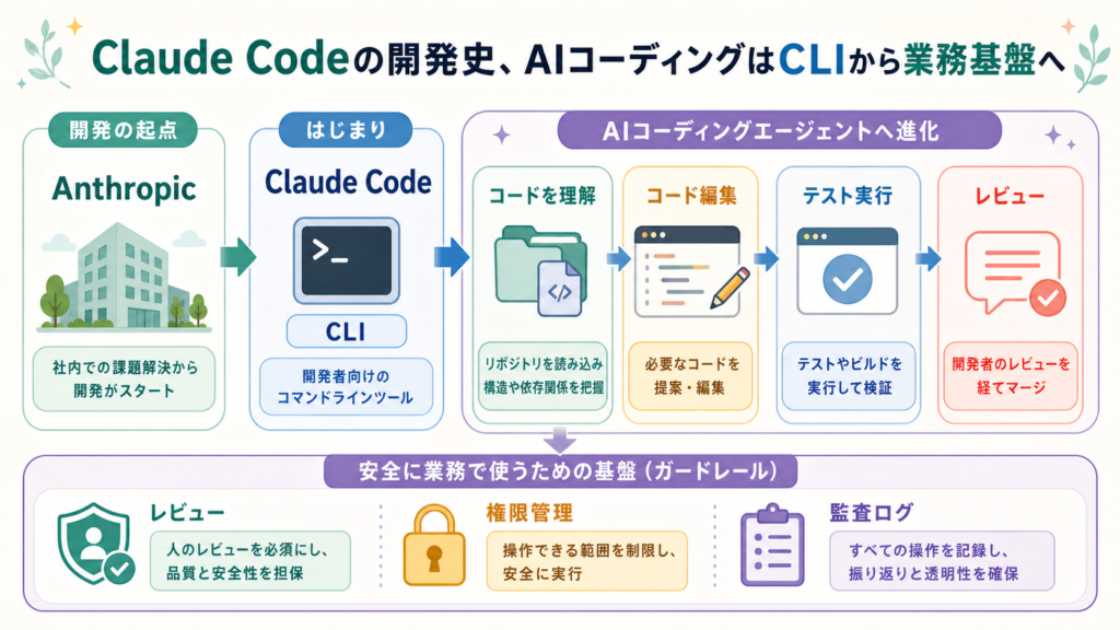 Claude Codeの開発史、AIコーディングはCLIから業務基盤への図解