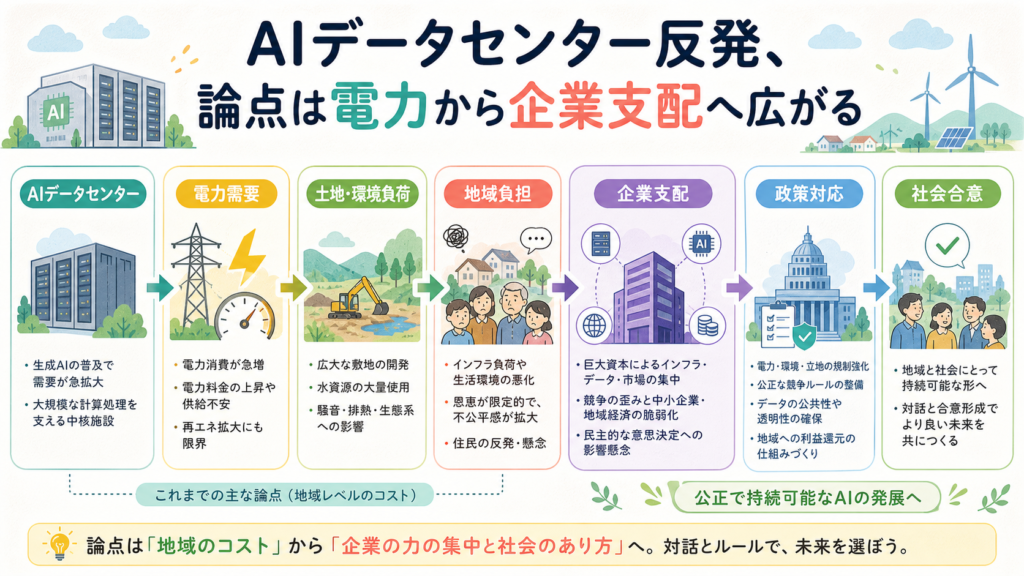 AIデータセンター反発、論点は電力から企業支配へ広がるの図解