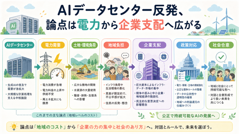 AIデータセンター反発、論点は電力から企業支配へ広がるの図解