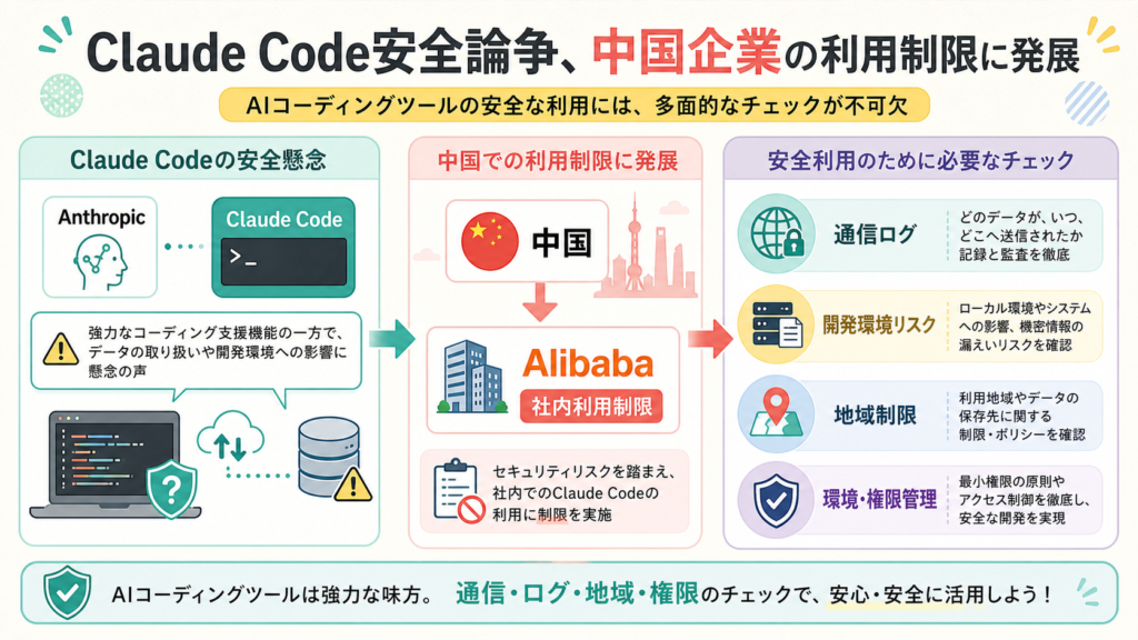 Claude Code安全論争、中国企業の利用制限に発展の図解