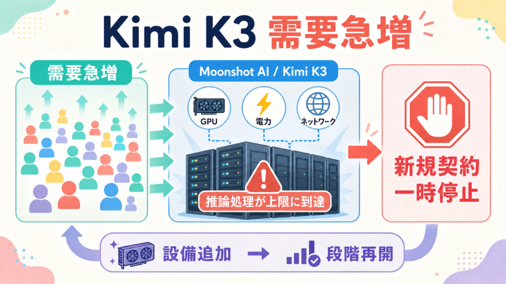 Kimi K3の需要急増と推論設備の供給制約を示す図解