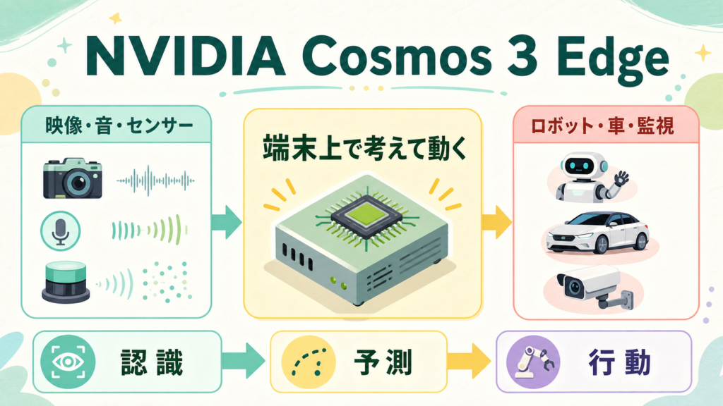 NVIDIA Cosmos 3 Edgeが端末上で認識・予測・行動する流れの図解