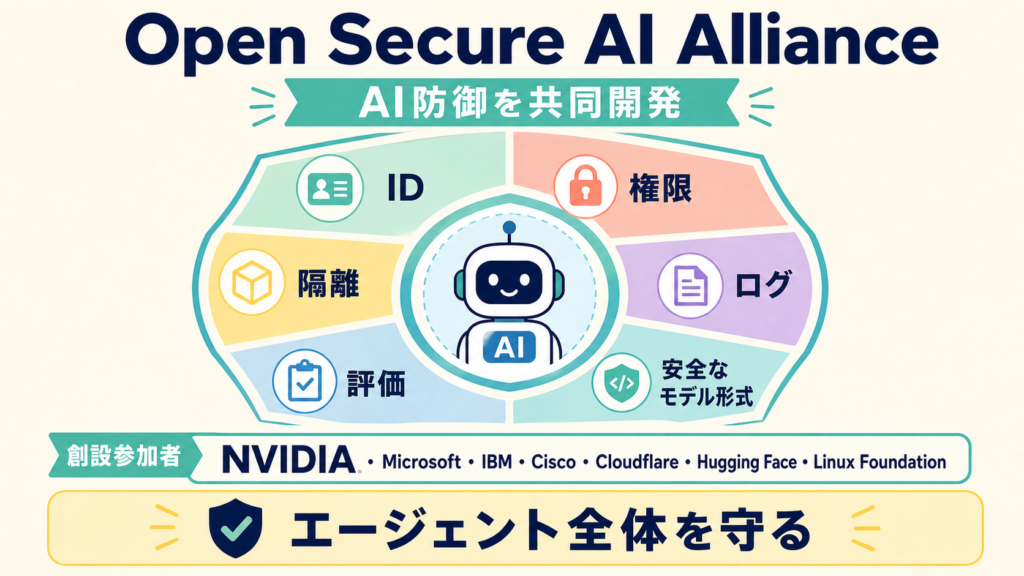Open Secure AI AllianceがAIエージェントのIDから評価までを共同で守る図解