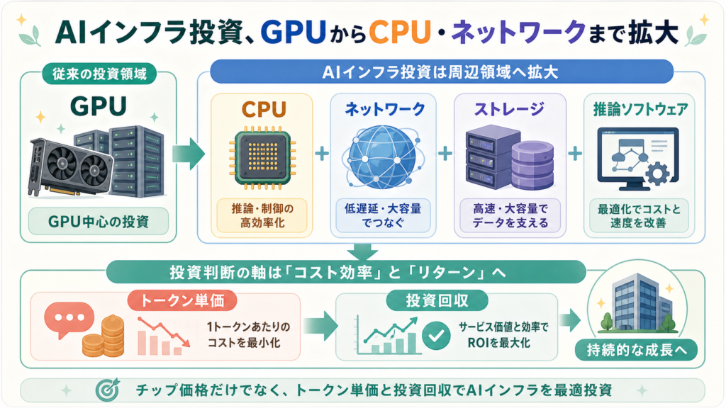 AIインフラ投資、GPUからCPU・ネットワークまで拡大の図解