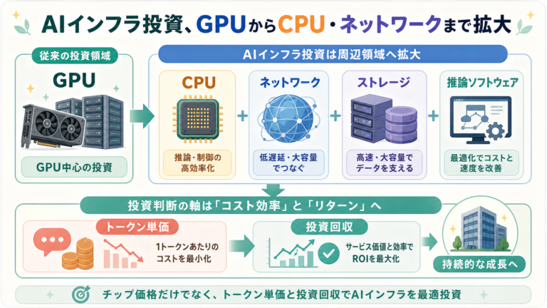 AIインフラ投資、GPUからCPU・ネットワークまで拡大の図解