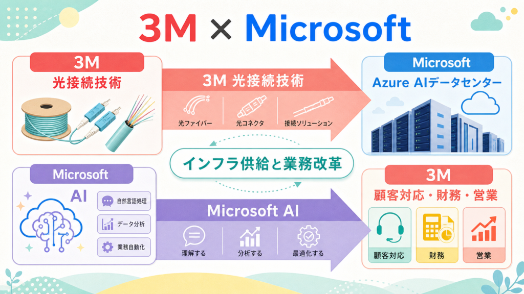 3MとMicrosoftがAIインフラ供給と社内業務改革を相互に進める図解
