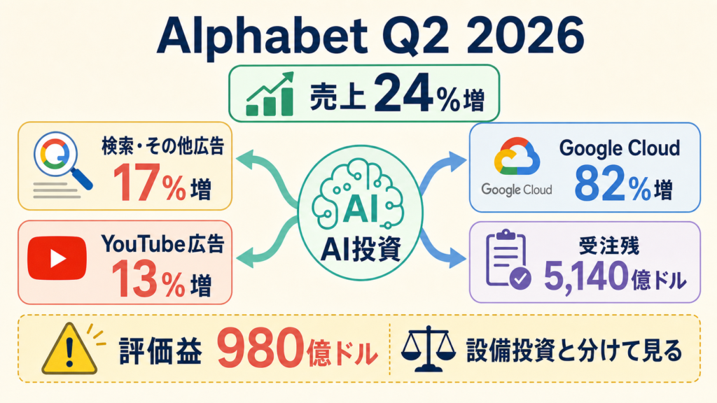 Alphabetの2026年4〜6月期で検索広告とクラウドをAI投資が押し上げた構造の図解