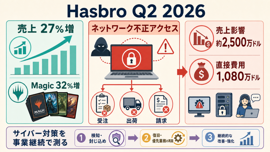 Hasbroの増収とサイバー障害による売上・復旧費用への影響を分けて示す図解