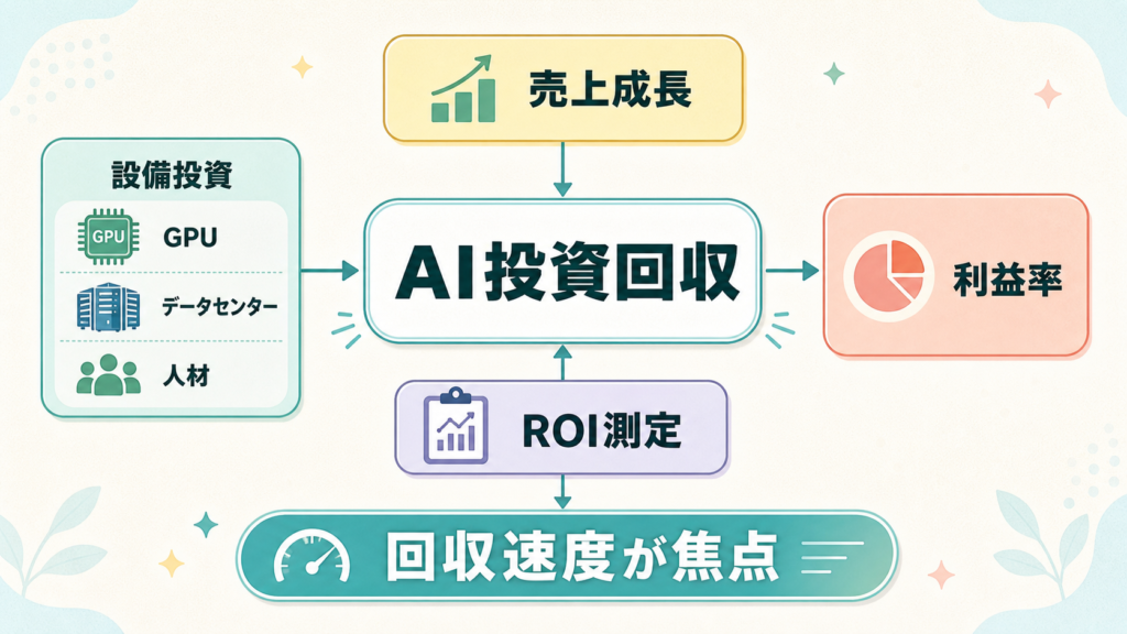 AI投資の焦点、売上成長から回収速度への図解