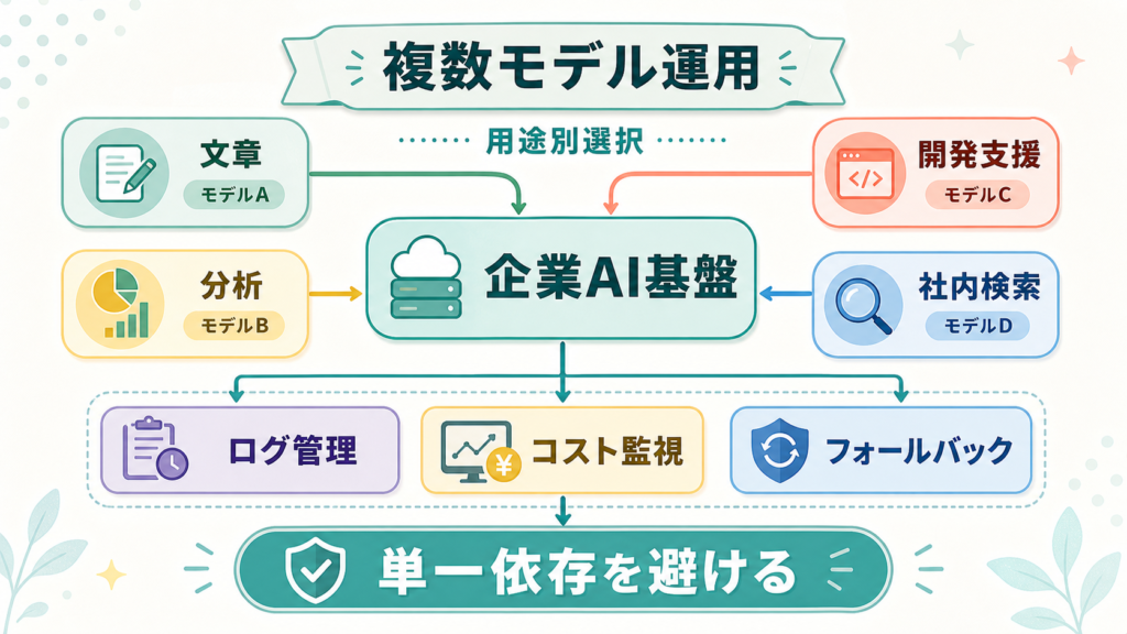 企業AI導入、単一モデル依存から分散運用への図解