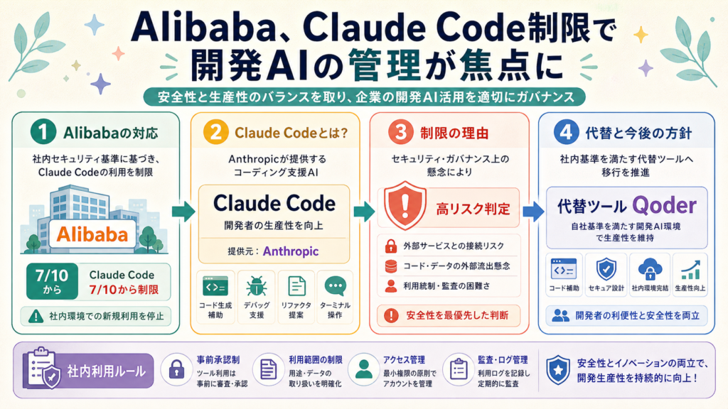 Alibaba、Claude Code制限で開発AIの管理が焦点にの図解
