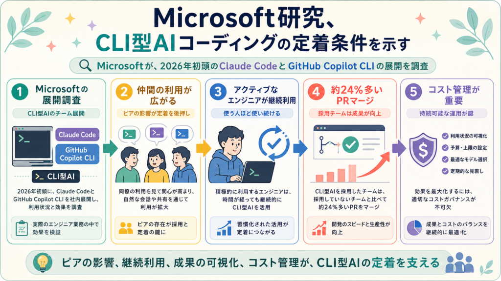 Microsoft研究、CLI型AIコーディングの定着条件を示すの図解