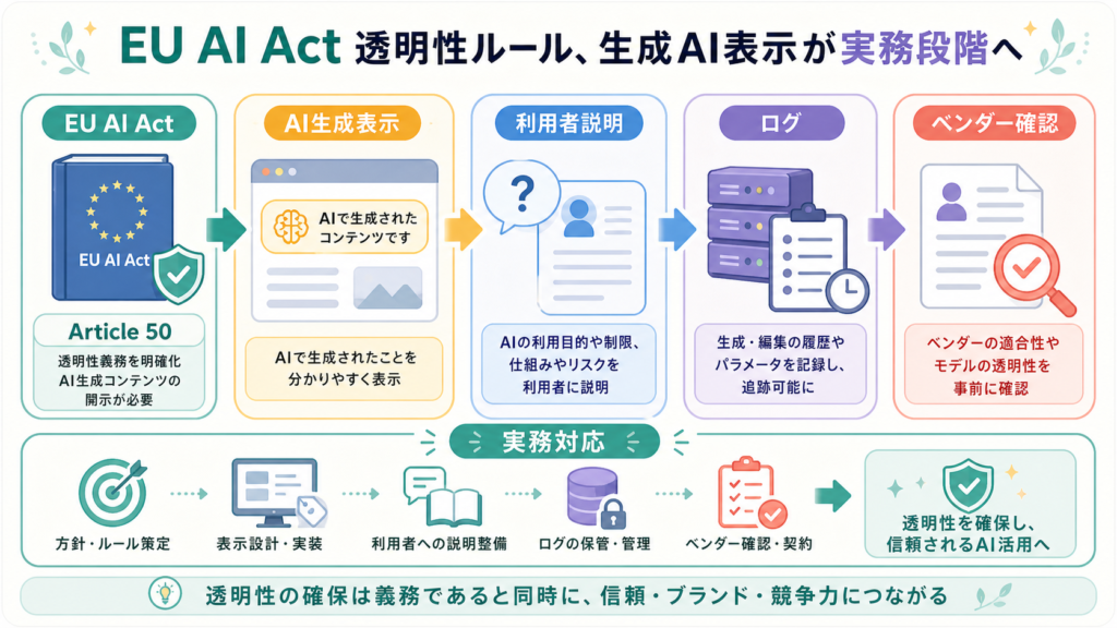 EU AI Act透明性ルール、生成AI表示が実務段階への図解