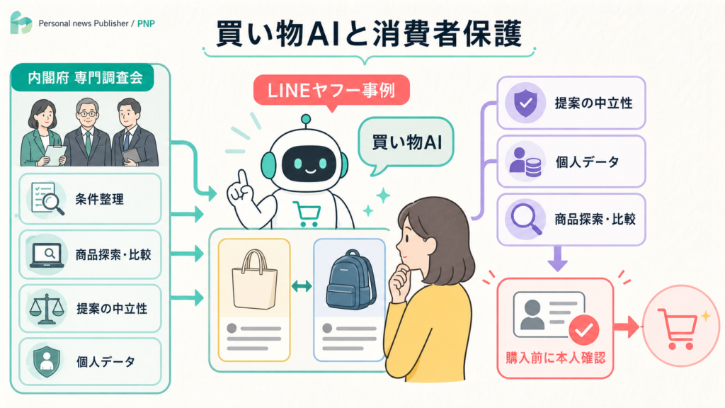 買い物AIエージェントの利便性と消費者保護の論点を示す図解