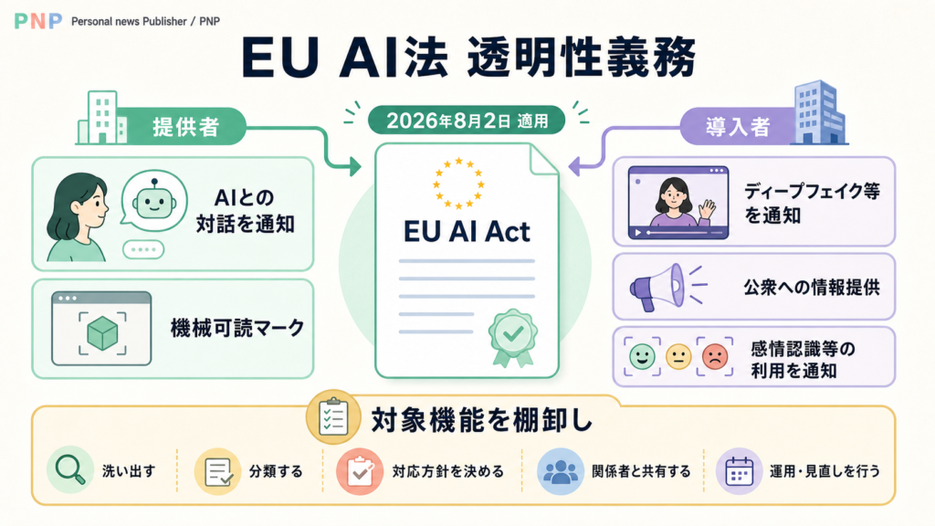 EU AI法の透明性義務を提供者と導入者に分けた図解