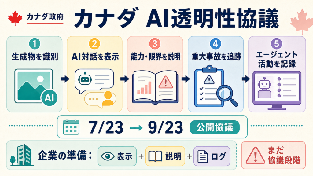 カナダのAI透明性協議が生成物表示からエージェント行動記録までを対象にする図解