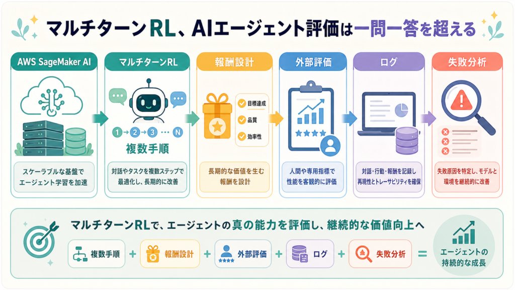 マルチターンRL、AIエージェント評価は一問一答を超えるの図解