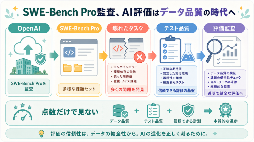 SWE-Bench Pro監査、AI評価はデータ品質の時代への図解