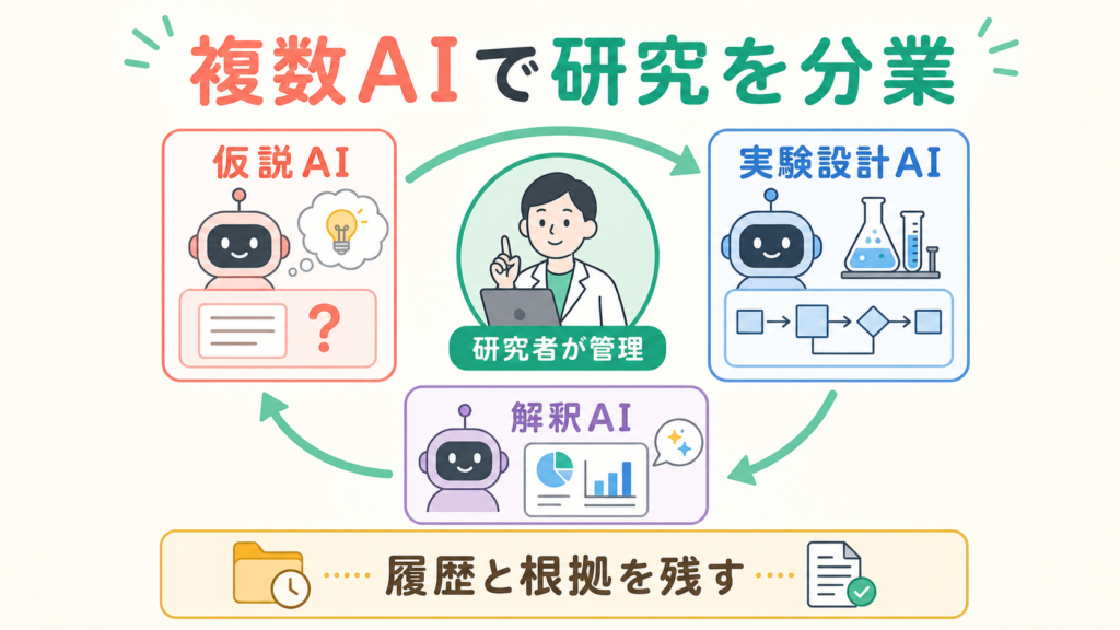 複数AIで研究サイクルを回す、実験設計の分業が前進の図解