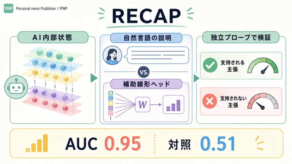 RECAPがAI内部状態と自然言語説明の根拠を検証可能にする図解