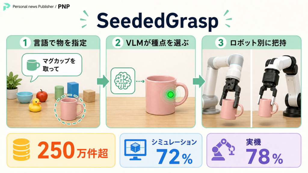 SeededGraspが言語指示から種点とロボット別把持動作を作る流れの図解