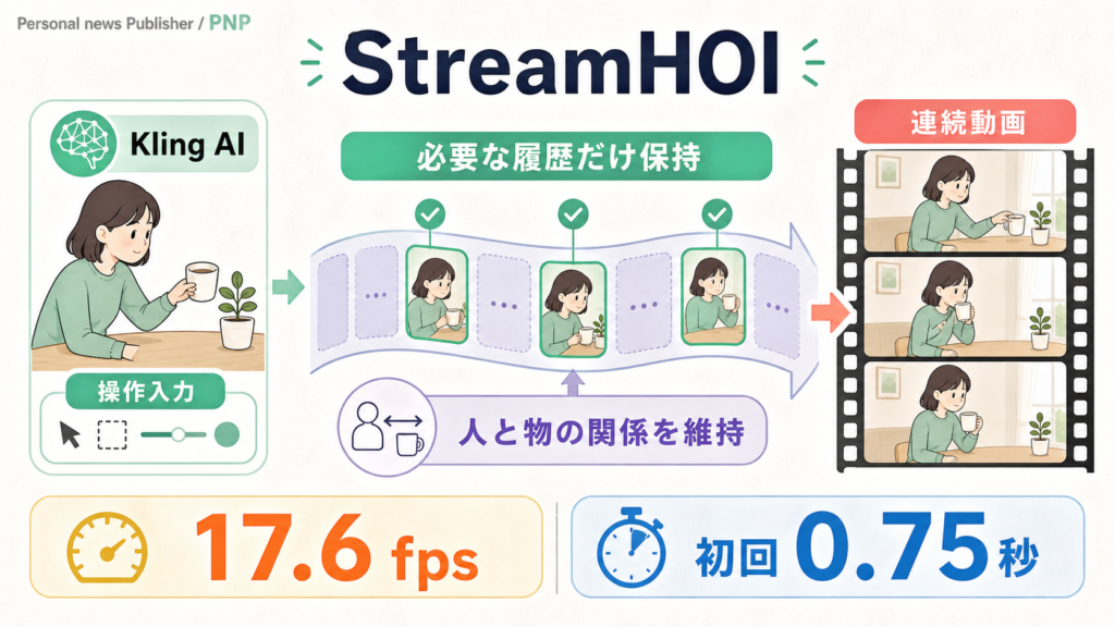 StreamHOIの入力・履歴メモリ・連続動画生成を示す図解