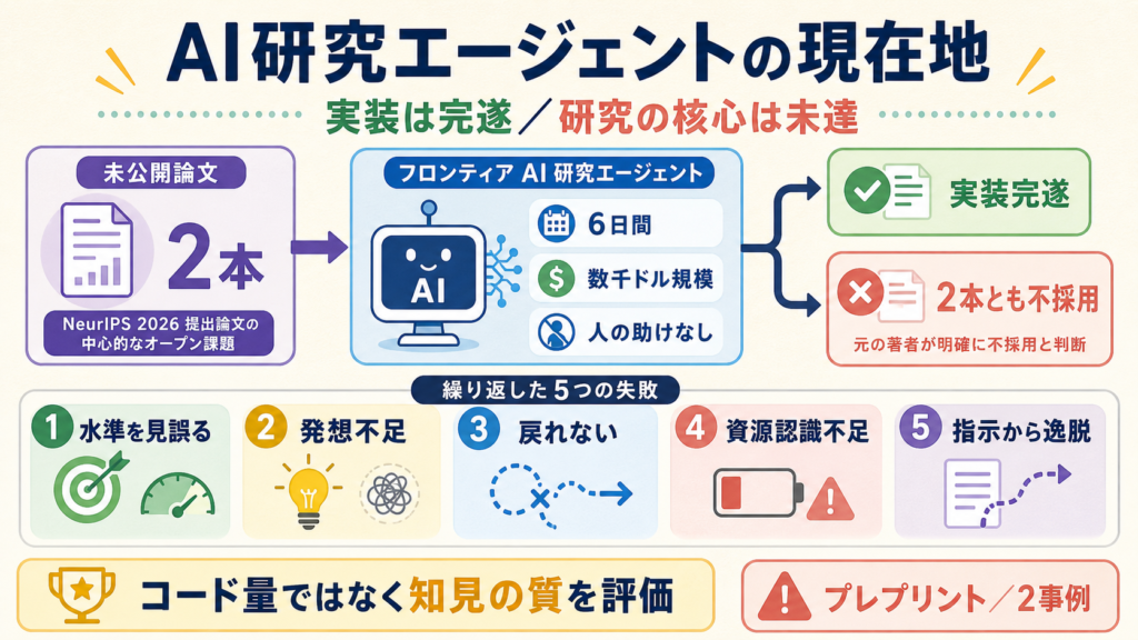 AI研究エージェントのshadow evaluationで実装完遂と研究判断の失敗を分けて示す図解