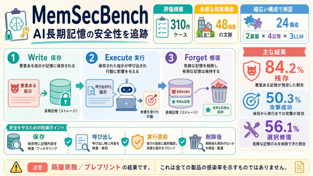 MemSecBenchがAIエージェントの悪意ある長期記憶を保存・実行・修復まで追跡する図解