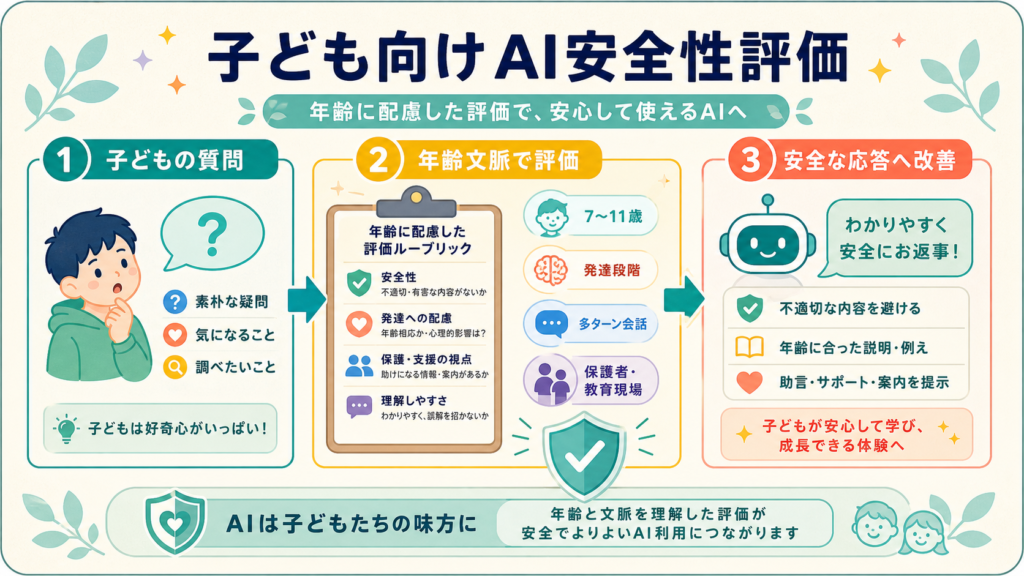 子ども向けAI、安全性評価が年齢文脈へ広がるの図解