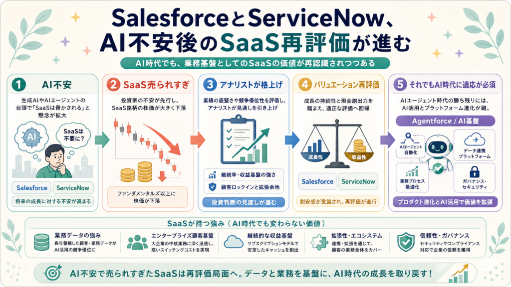 SalesforceとServiceNow、AI不安後のSaaS再評価が進むの図解