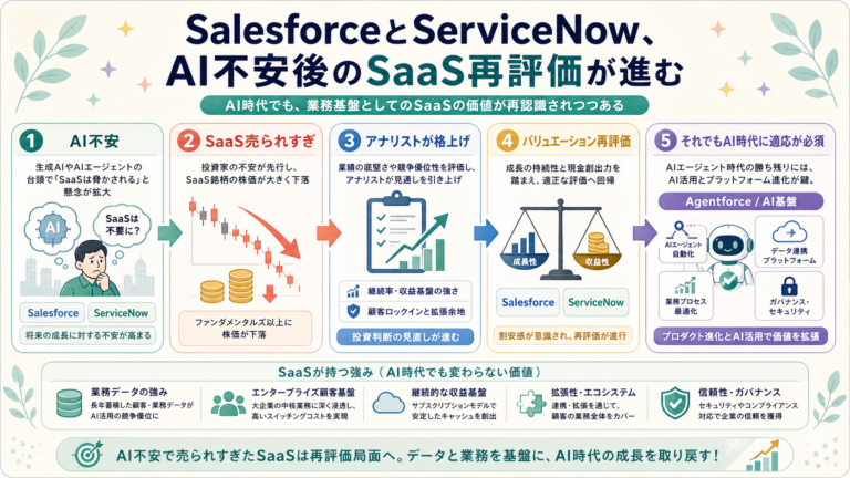 SalesforceとServiceNow、AI不安後のSaaS再評価が進むの図解