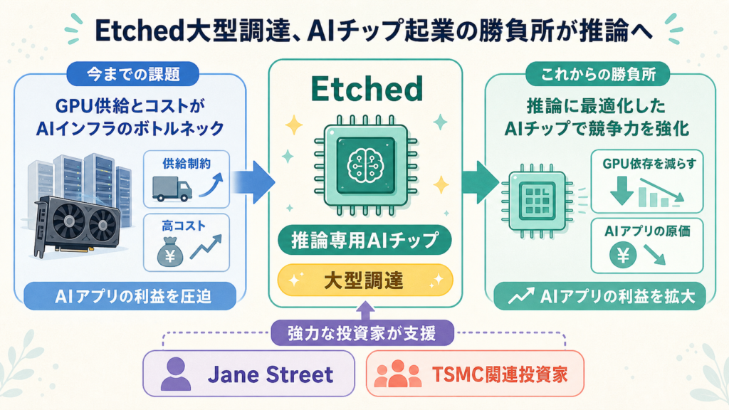 Etched大型調達、AIチップ起業の勝負所が推論への図解