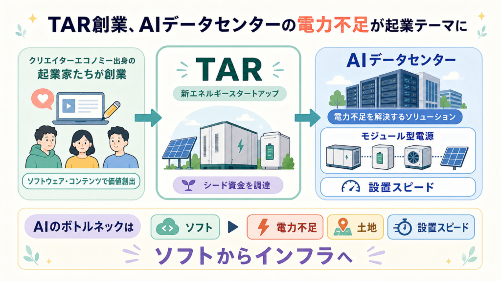 TAR創業、AIデータセンターの電力不足が起業テーマにの図解