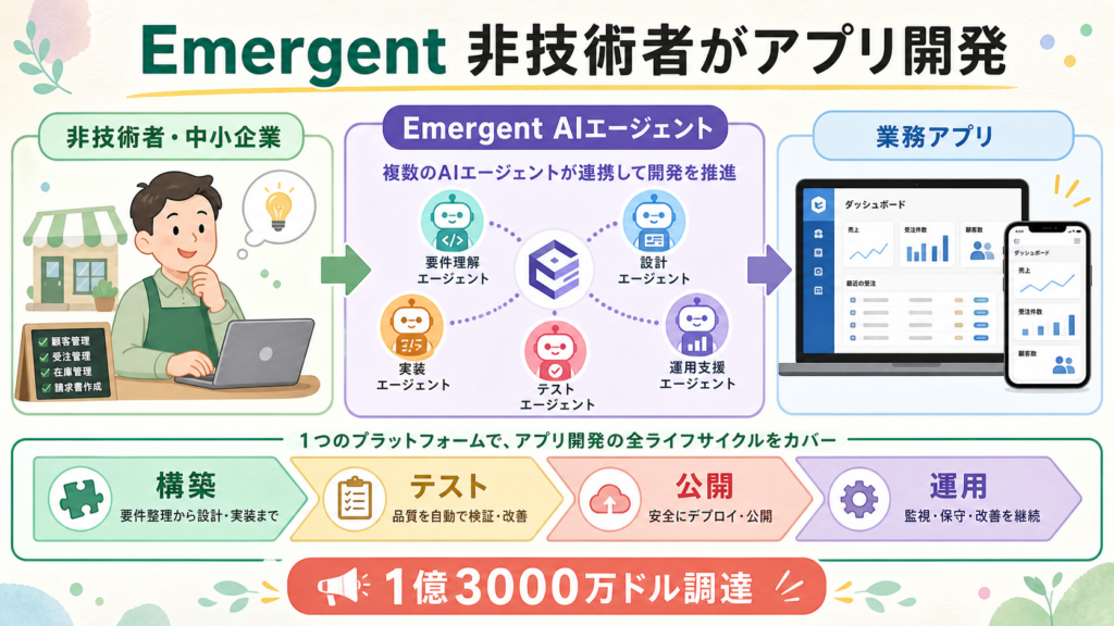 Emergentが非技術者の業務アプリ開発を支援する流れの図解