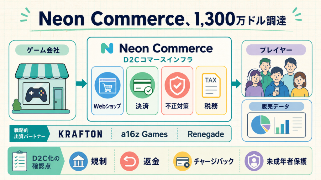 Neon Commerceがゲーム会社のD2C販売と決済運用を支える仕組みの図解