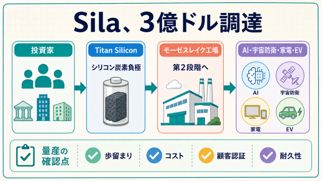 Silaの3億ドル調達がTitan Siliconの米国量産拡大につながる流れの図解