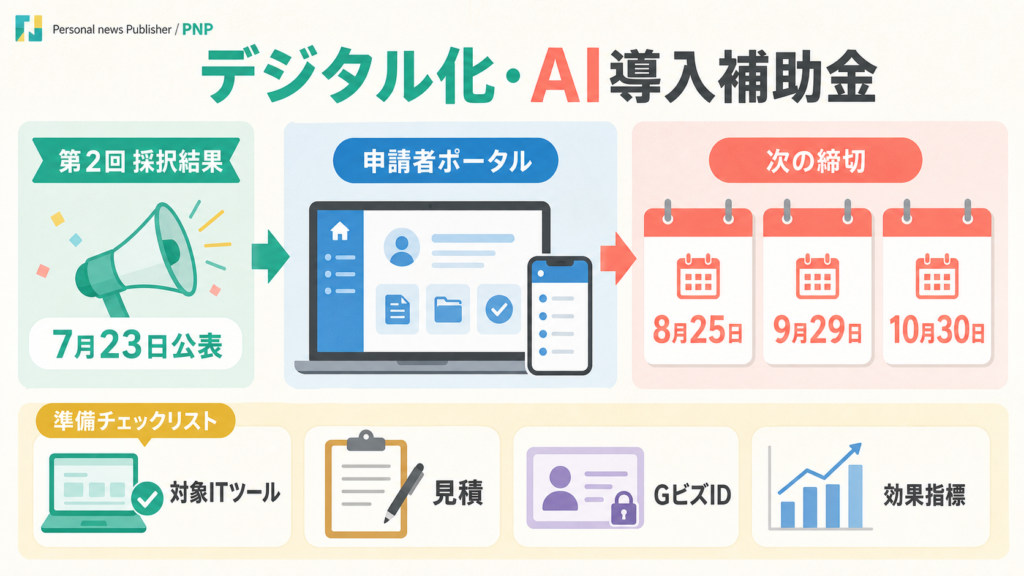 デジタル化・AI導入補助金の採択結果と次回申請準備を示す図解