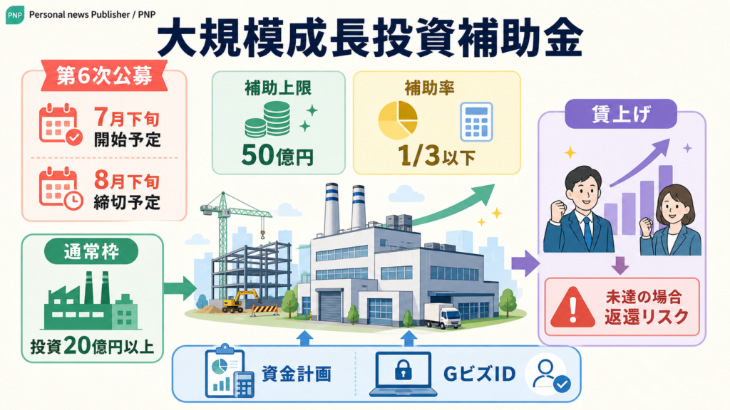大規模成長投資補助金の投資・賃上げ・資金計画を示す図解