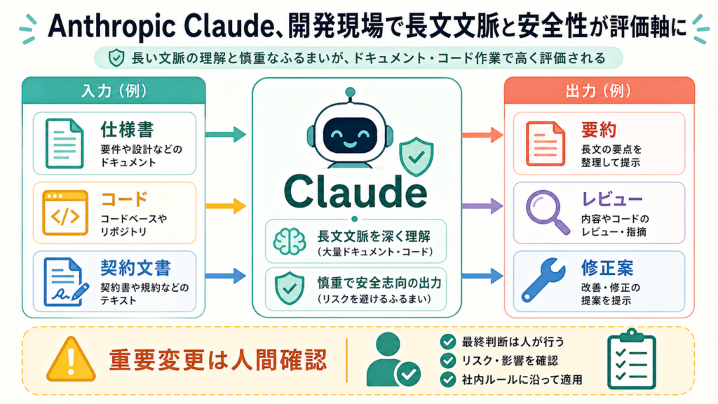 Anthropic Claude、開発現場で長文文脈と安全性が評価軸にの図解