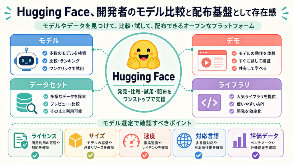 Hugging Face、開発者のモデル比較と配布基盤として存在感の図解