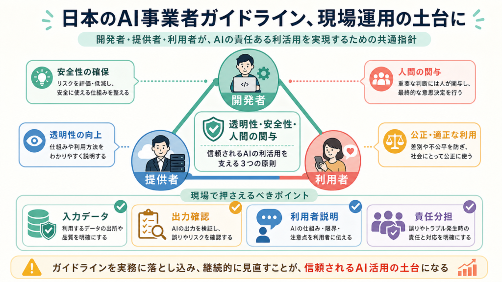 日本のAI事業者ガイドライン、現場運用の土台にの図解