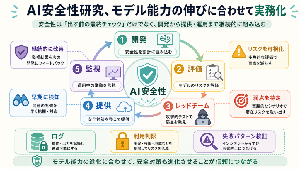 AI安全性研究、モデル能力の伸びに合わせて実務化の図解