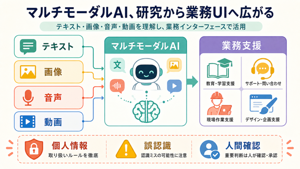 マルチモーダルAI、研究から業務UIへ広がるの図解
