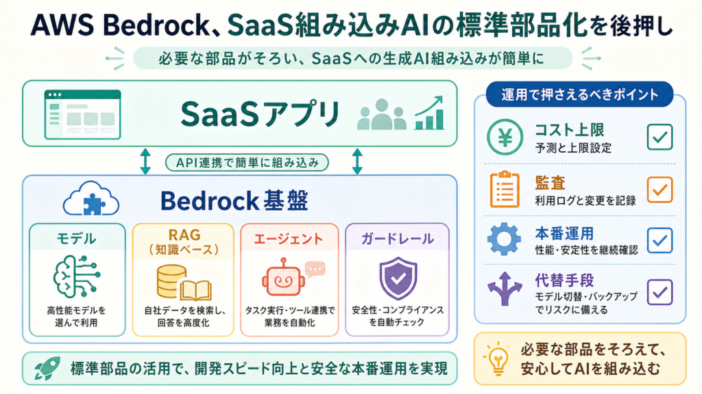 AWS Bedrock、SaaS組み込みAIの標準部品化を後押しの図解