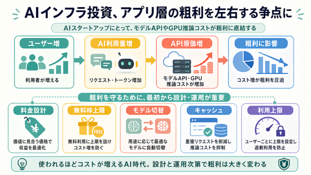 AIインフラ投資、アプリ層の粗利を左右する争点にの図解